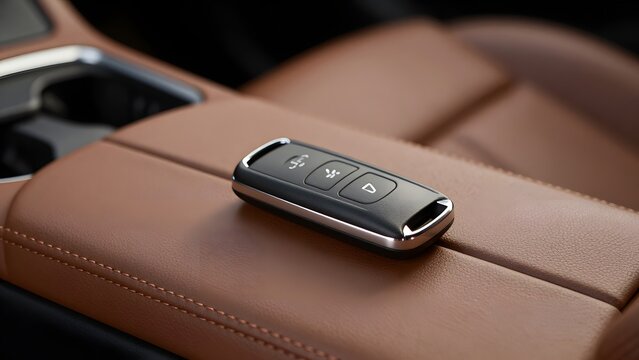 197. [STYLE] of a car key fob resting on a polished leather car seat showing sleek matte plastic texture against soft stitched leather grain, soft ambient interior lighting, deep charcoal and warm tan