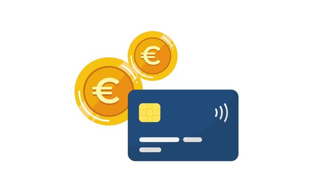 Contactless Credit Card Euro Coins Animation. Contactless credit card with shiny golden euro coins animation symbolizing wireless digital payment, banking transaction, and finance management.