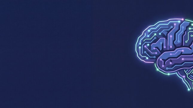 Horizontal technology presentation background featuring a glowing circuit board brain and blank copy space.