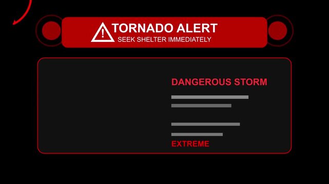 Tornado alert emergency broadcast warning system animation showing dangerous storm conditions with flashing red light footage
