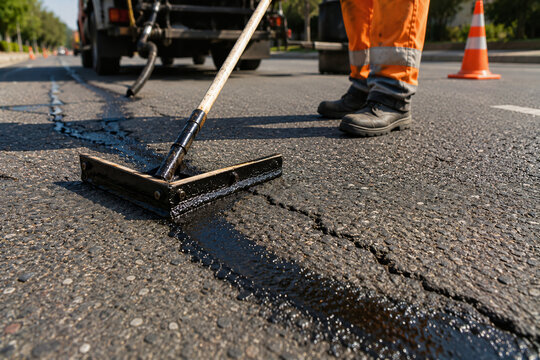 Road construction worker spreading fresh black asphalt sealant on the pavement