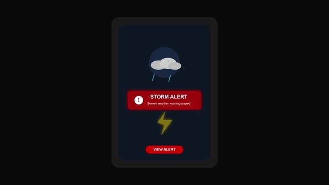 Severe storm alert mobile application interface notification animation showing weather warning motion for emergency safety updates