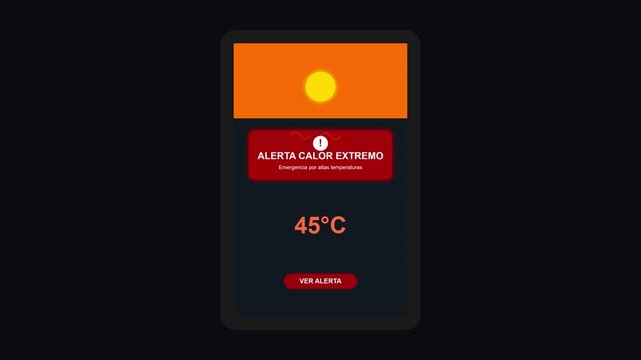 Mobile phone display showing extreme heat alert animation with forty five degrees celsius temperature warning footage