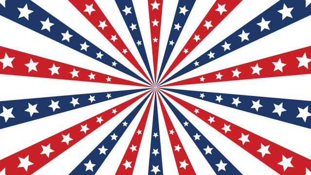Patriotic American flag radial starburst banner with red blue white rays and scattered stars for Independence Day celebration design