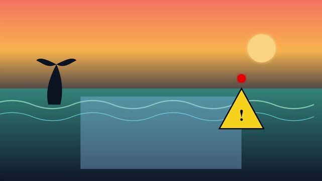 Whale tail swimming in ocean sunset with warning sign animation for global environmental conservation motion clip