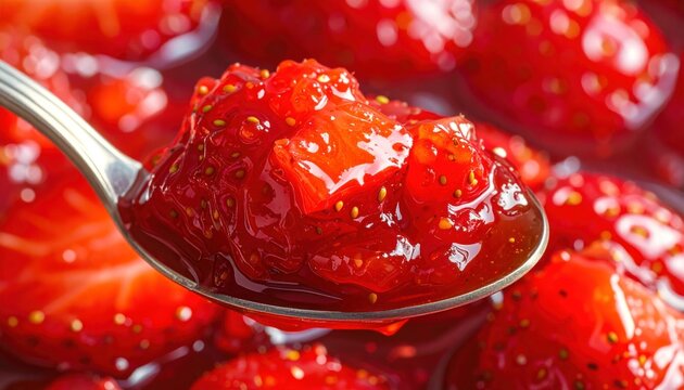 Delicious Homemade Strawberry Jam on a Spoon Close-Up.