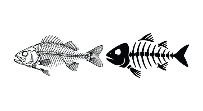Fish skeleton and whole fish illustration black and white graphic style