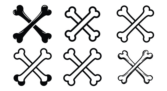 Crossed bones illustration set black and white line art on white background