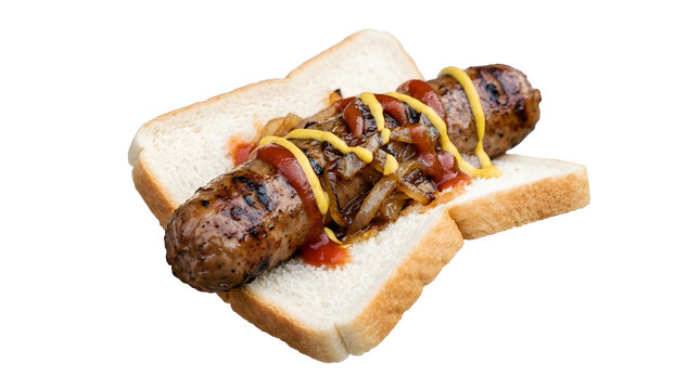 Classic New Zealand sausage sizzle with tomato sauce and onions in white bread on white background