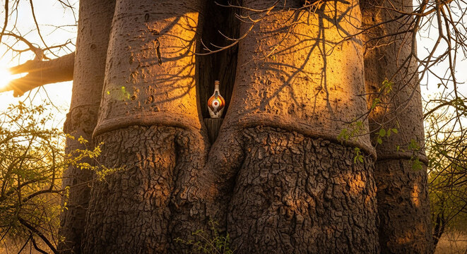 Sunlight on a rough tree trunk with bottle nestled in bark