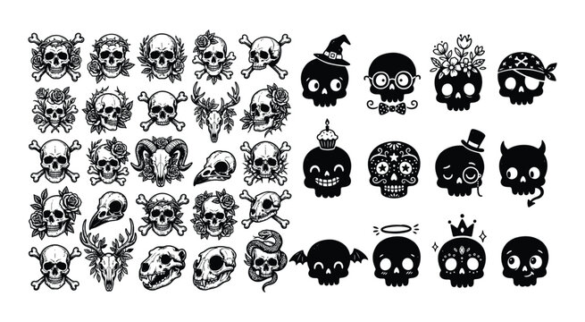 Skull collection black vector illustrations on a white background anatomy