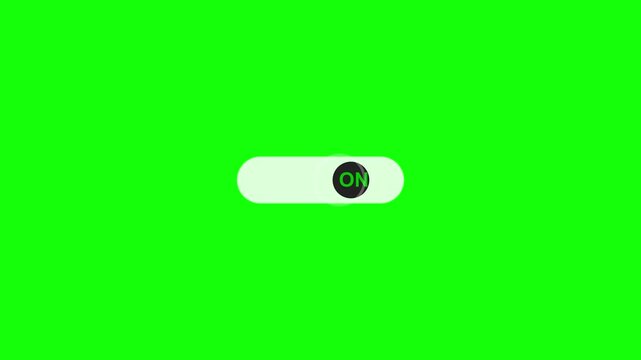 Digital toggle switch animation moving from off to on state over a bright green screen background