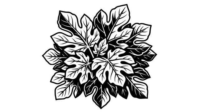 Black and white illustration of a cluster of large, lobed fig leaves. Natural motif.