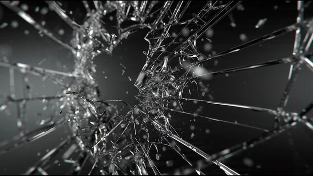 Sharp glass shattering and flying outward on black background