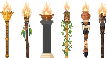 Ancient Burning Torches and Ceremonial Fire Pillars Vector Set Featuring Egyptian Golden, Tribal Tiki, Celtic Wood, and Roman Pillar Flame Designs © MdRobiul
