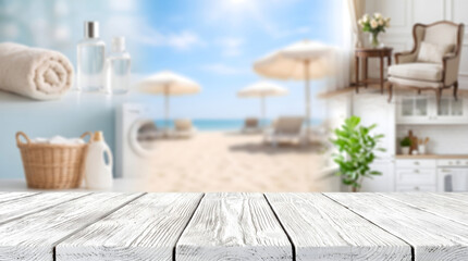 Obraz premium Wooden table top background with blurred lifestyle montage featuring beach laundry and modern home interior decor.