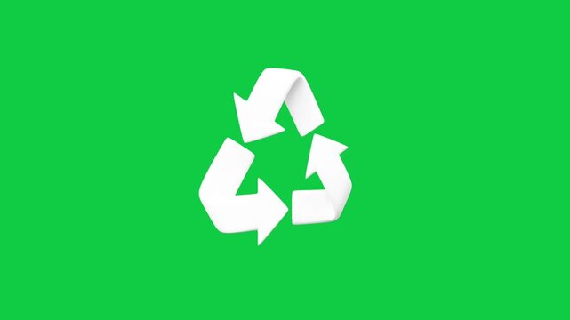 White Recycling Symbol Animation on Green Screen Background. Animated clean white recycling icon loops flawlessly against chroma key green screen representing ecology sustainability.