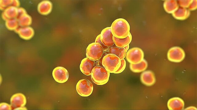 Staphylococcus bacteria, 3D animation showing spherical Gram-positive cocci arranged in characteristic grape-like clusters, common human pathogens causing skin and systemic infections.