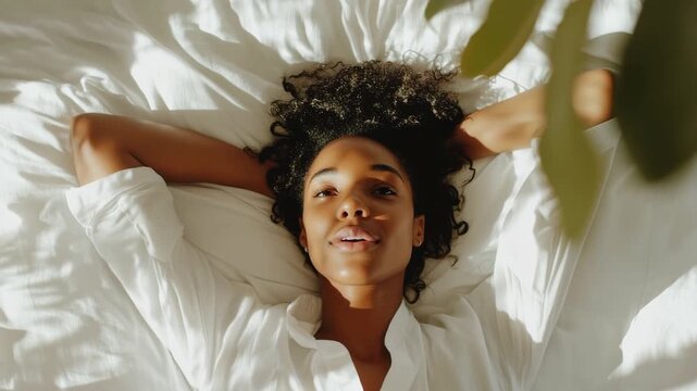 Relaxed Black woman lying on a soft white bed in morning light beside a green plant, cozy wellness, peaceful self care, calm bedroom comfort, serene lifestyle.