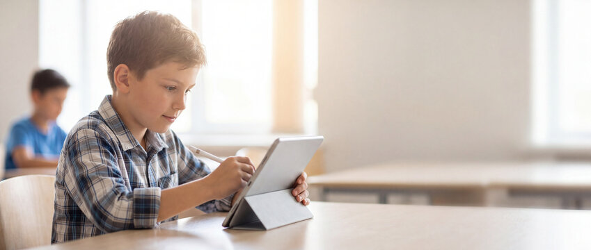 Young boy learning on a tablet in a classroom, focused on digital education and modern schooling with soft natural light illuminating the scene for remote learning or homework