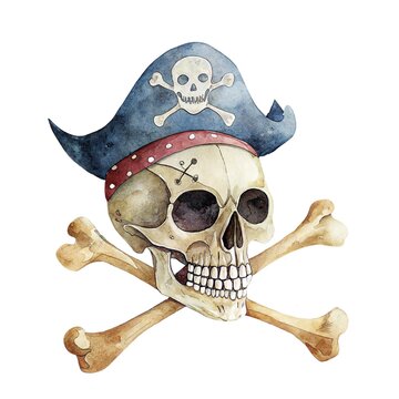 Watercolor illustration of a realistic human skull wearing a blue pirate hat, crossed with bones isolated on a white background.