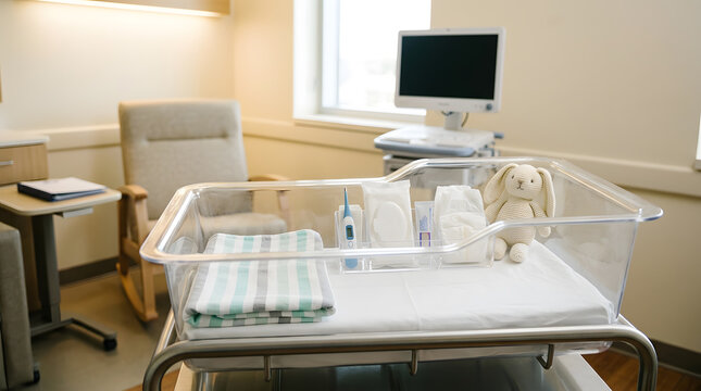 Hospital bassinet for newborns with soft blanket and cute knitted toy in a quiet room