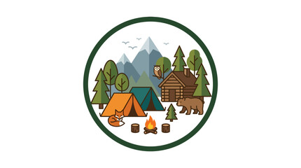 Fototapeta premium Outdoor camping scene with cabin tent and wildlife animals.