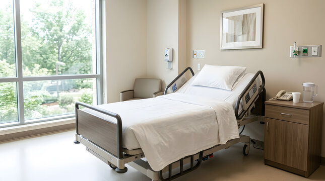 Interior view of private modern hospital room featuring comfortable patient bed and natural window lighting