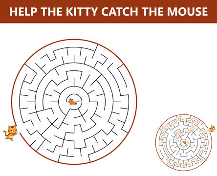 Circular maze puzzle game help the kitty catch the mouse educational logic activity worksheet for kids with solution