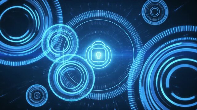 Abstract animation structures digital security interface screens. Blue padlock icons ring secure network systems. Safe web server directories loop database protection data.