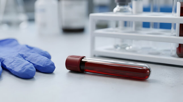 Medical glass test tube filled with blood sample lying on laboratory bench near protective gloves