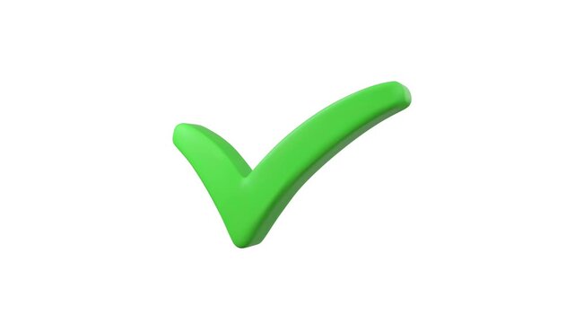 Green Check Mark Success Animation. 3D green check mark sign animation moving on white background indicating approval, confirmation, success, and correct choice.