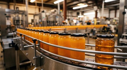 Naklejka premium A production line with jars of orange liquid on a conveyor belt in a factory setting. Industrial machinery is visible in the background.