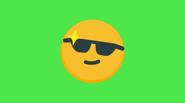 Animated Cool Sun Wearing Sunglasses on Green Screen. Cheerful yellow emoji face with black sunglasses animated on green screen ideal for summer vacation or confident vibes.