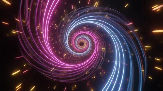 Vortex spiral animation journeys neon spiral tunnels. Orange light dots roll across sparking layout lines. Creative velocity vector channels loop infinite speed paths.