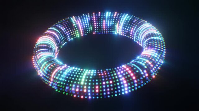 Donuts shape animation circles glowing torus ring models. Colorful LED dots display matrix terminal graphics. Technical dashboard interface assets loop system metrics charts.