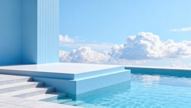 Modern poolside terrace with blue architecture