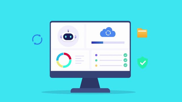 Modern flat vector animation of an AI data visualization dashboard on a desktop monitor with analytics charts, cloud upload, progress indicator, and floating technology icons. Ideal for artificial int