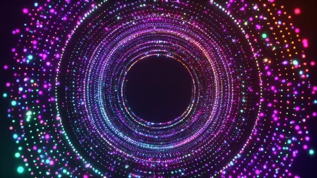 Abstract background animation spins colorful circle tracks. Particle dust dots spark across shimmering vector lines. Minimal presentation canvas loops smooth graphic steps.