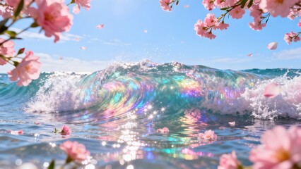 Naklejka premium Rainbow wave with cherry blossoms