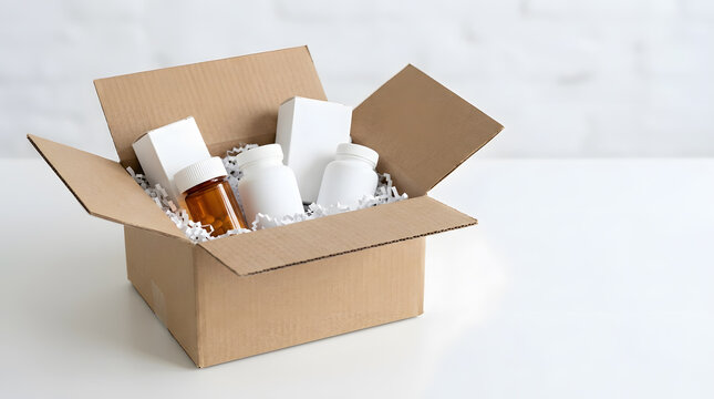 Open cardboard shipping box filled with medical supplement bottles and small blank white paper boxes