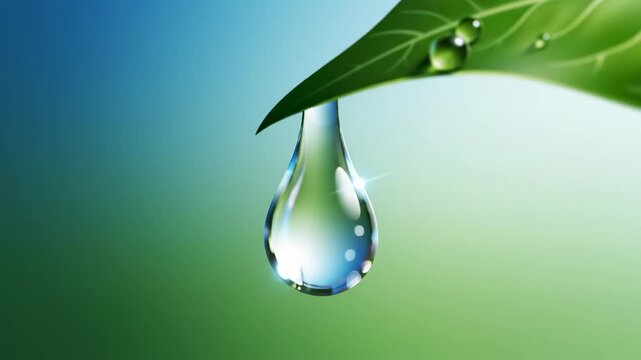 Single water drop falling from green leaf edge, reflecting blue sky, clean liquid, purity, nature's freshness, conservation concept