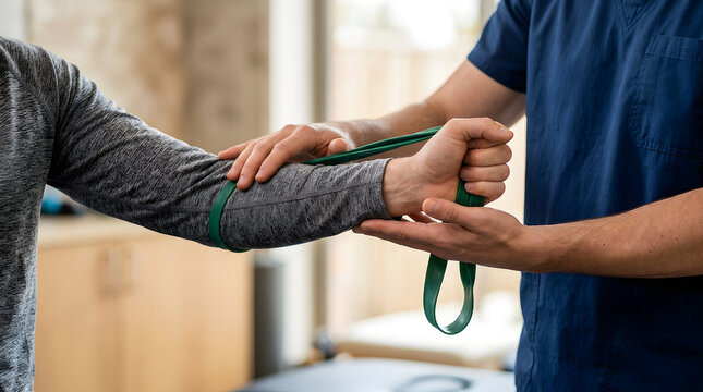 Physical therapist assisting patient with resistance band exercise for arm injury recovery rehabilitation session