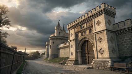 Fototapeta premium Historic European Castle Gate With Medieval Stone Pattern Design
