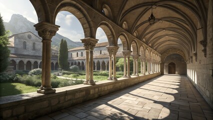 Obraz premium Ancient Monastery Cloister With Repeating Stone Arches and Shadows