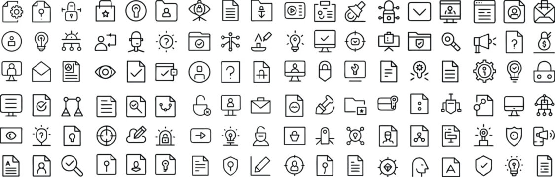 A collection of diverse, minimalist line icons represents various digital and business concepts, offering a versatile toolkit for web and graphic design.
