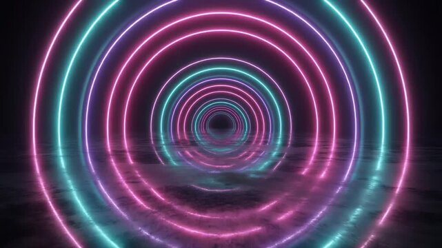 Abstract background animation journeys neon circle tunnels. Pink teal color lines align high speed velocity tracks. Creative wet floor pathways loop loop able design assets.