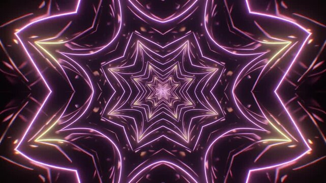 Abstract tunnel animation journeys neon star tunnels. Purple yellow lines streak across high speed pathways. Creative deep perspective ports loop velocity speed channels.