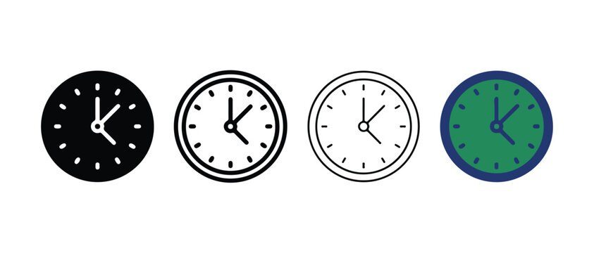 clock faces with various designs and colors on white background  simple analog clocks with hour and minute hands