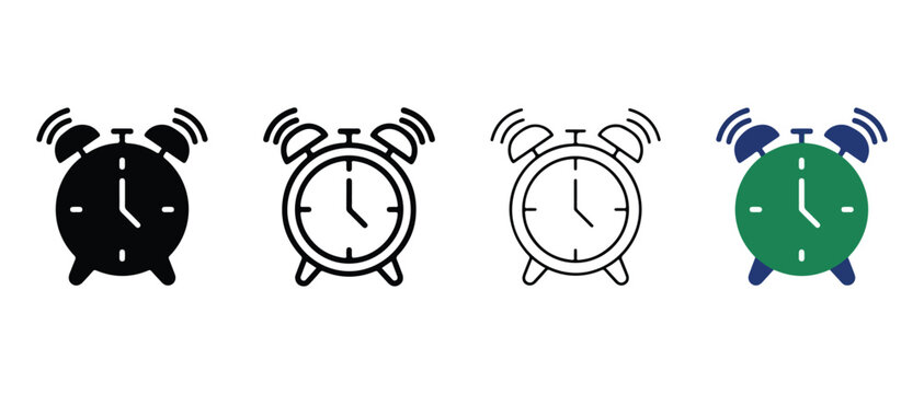 alarm clock icons in solid black line art and green with white background